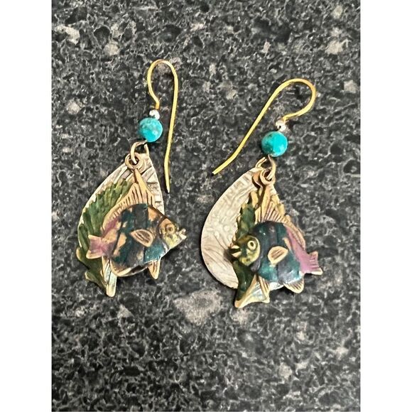 Gold tone fishhook backing and turquoise teardrop fish earrings - Picture 4 of 6
